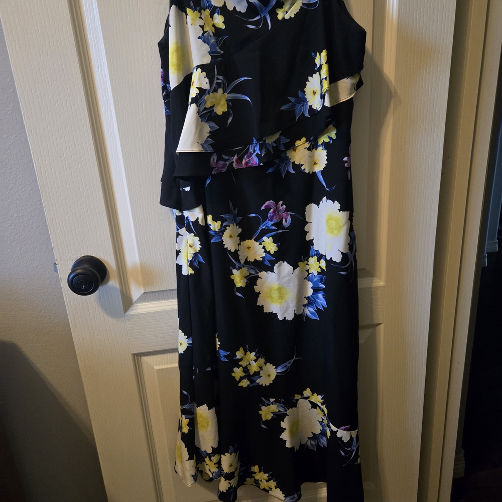 Roz & Ali Black Asymmetrical Dress with Yellow Floral Pattern